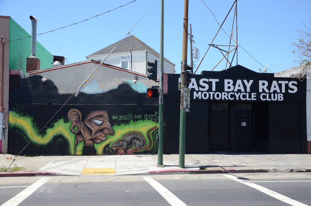 The exterior of the East Bay Rats Motorcycle Club clubhouse, a physical meeting place for members.